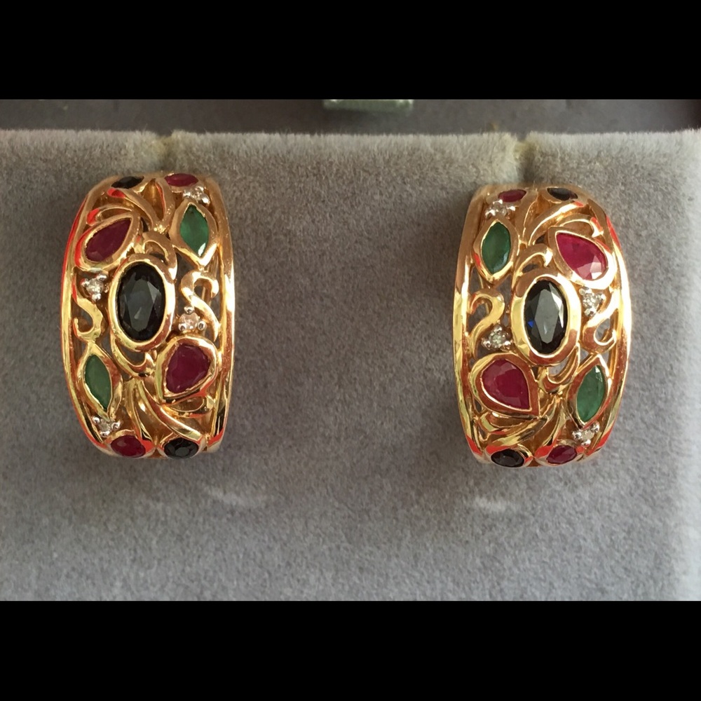 14K Gold half hoop earrings with diamonds & gemstones